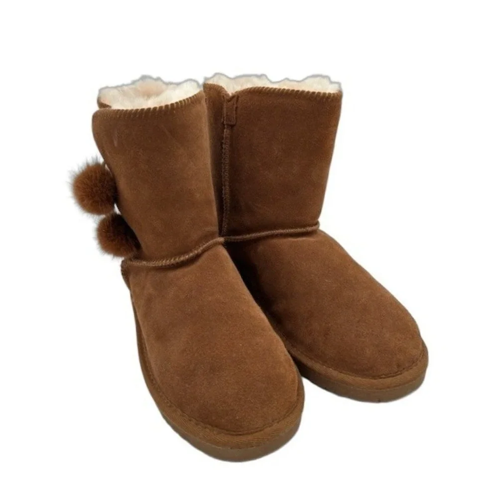 Dream Pairs Shorty Pompon Boots Girls' Size 4 Chestnut Sheepskin Shearling Lined